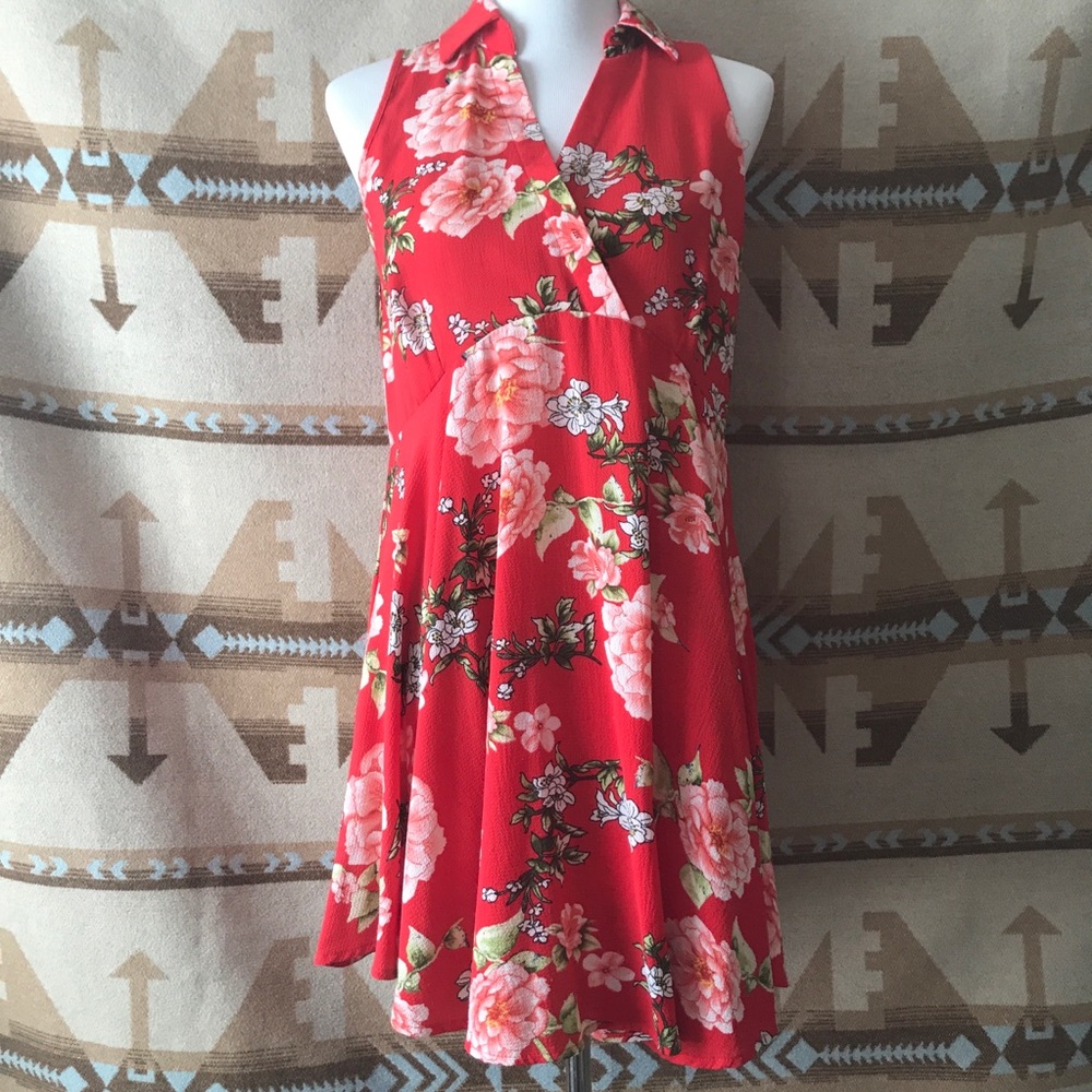 Red floral swing dress